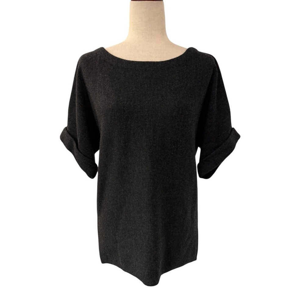 Eileen Fisher Bateau Neck Charcoal Gray 100% Wool Sweater Knit Short Sleeves XS